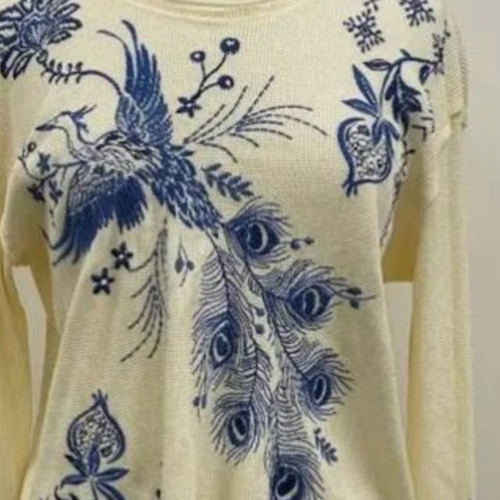 Johnny Was Cream and Blue Peacock Embroidered Shirt NEW WITH TAGS L/S Size small - Picture 10 of 11
